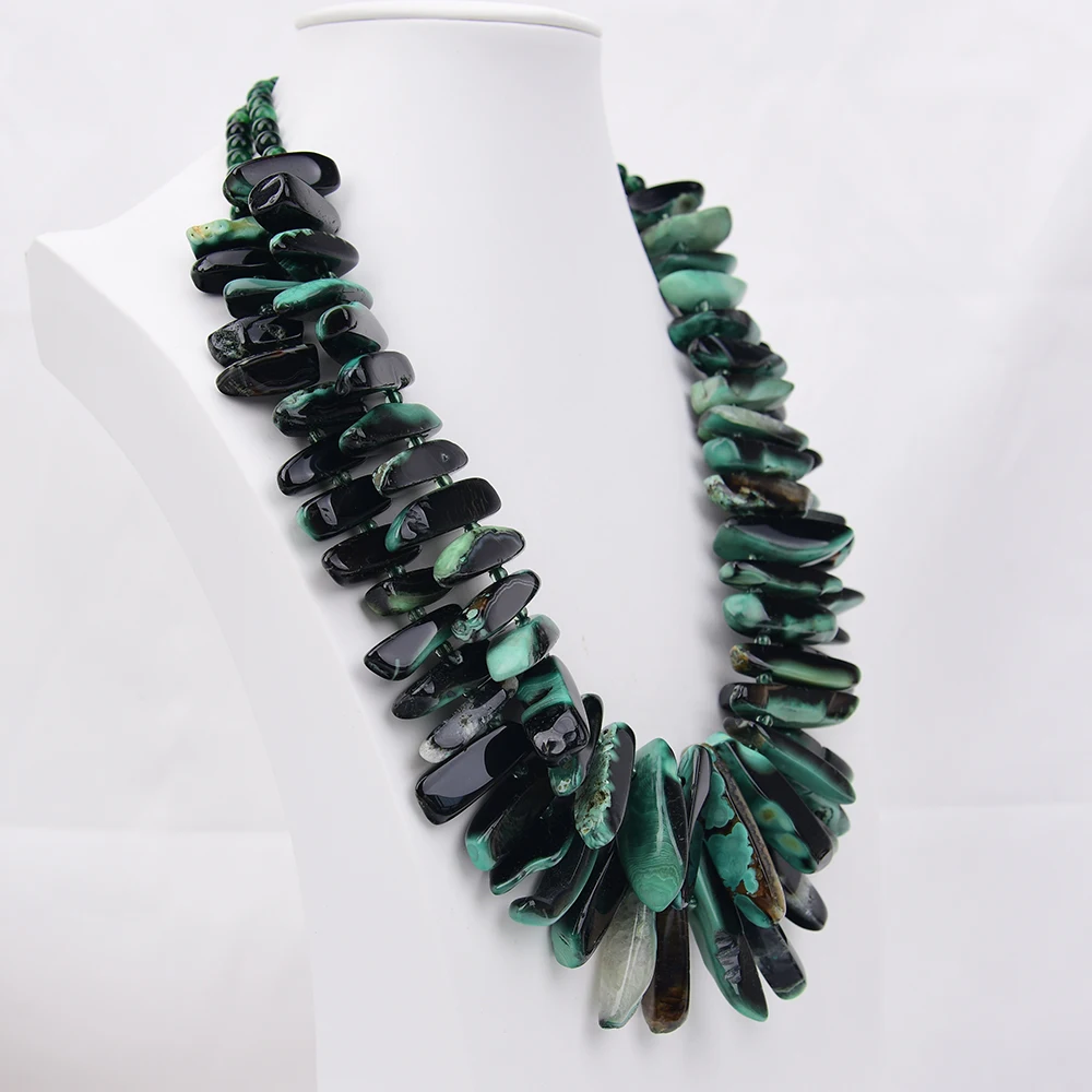 G-G 2 Rows Big Jewelry Natural Mix Black Green Agate Stone Fancy Top Drilled Beads Tiger eye Necklace 21''
