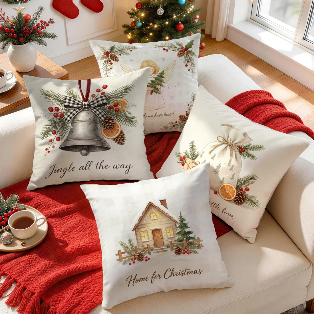 1/4pcs House Angel Bell Pattern Cushions Pillowcase Polyester Cushion Cover Throw Pillow Pillowcover Home Car Sofa Decor