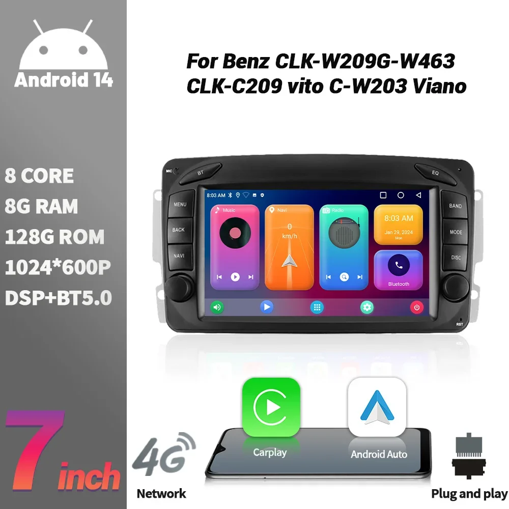 Android Car Radio For Benz CLK-W209 G-W463 CLK-C209 vito C-W203 Viano Carplay GPS 2 Din Multimedia Screen Console Stereo Panel