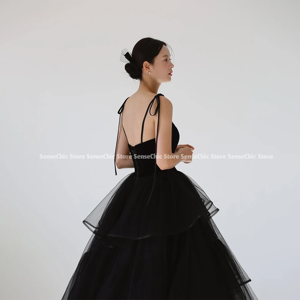 فساتين لحضور الحفلات الموسيقية للأميرة السوداء 2025 الكشكشة المتدرجة تول الكرة ثوب صورة تبادل لاطلاق النار السباغيتي الأشرطة الطبقات مشد الظهر مخصص
