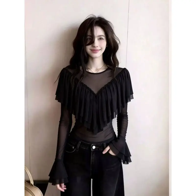 Long Sleeve Mesh Design Women's T-shirt Slim Fit Spring New Arrival High Quality Style Commute Fashion