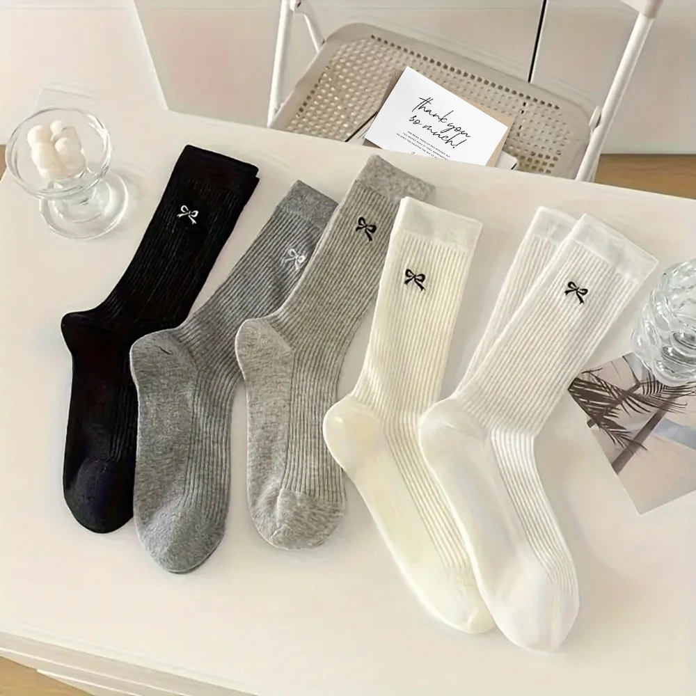 5 Pairs Ins Big Bow All Cute Socks Women Summer Thin Breathable Mesh Breathable Pile Socks Mid Tube Sock image 2