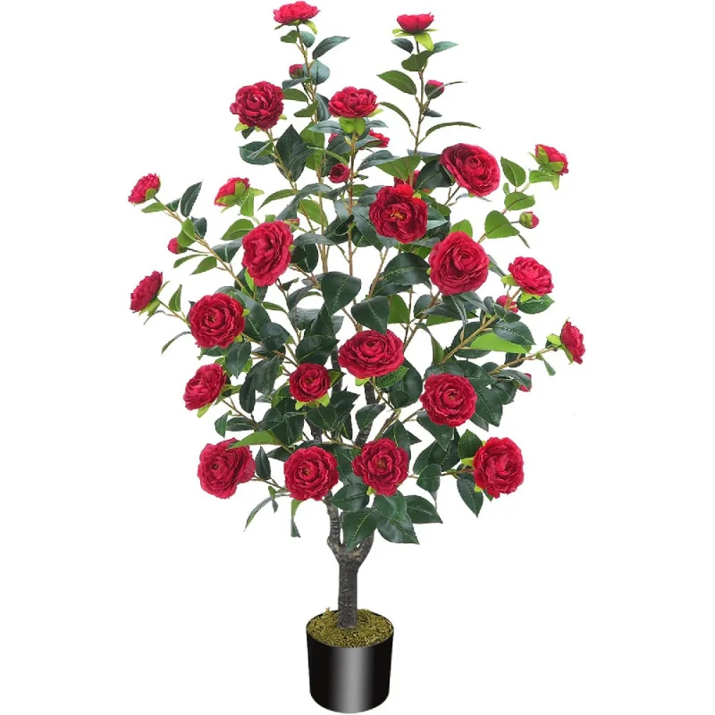 

Artificial Camellia Fake Tree, Artificial Plants & Flowers with 32 Red Flowers for Door Front Decoration Porch Patio