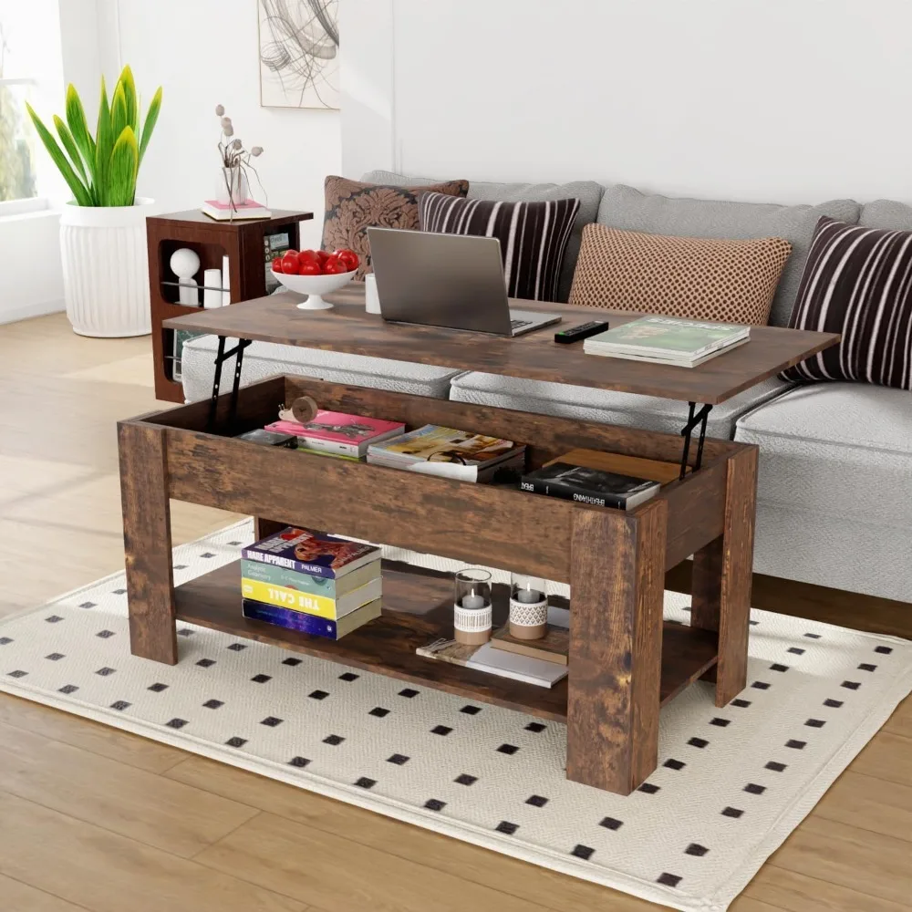 Elevated Coffee Table with Hidden Compartments and Storage Shelves Wooden Elevated Table Top Dining Table for Living Room Home