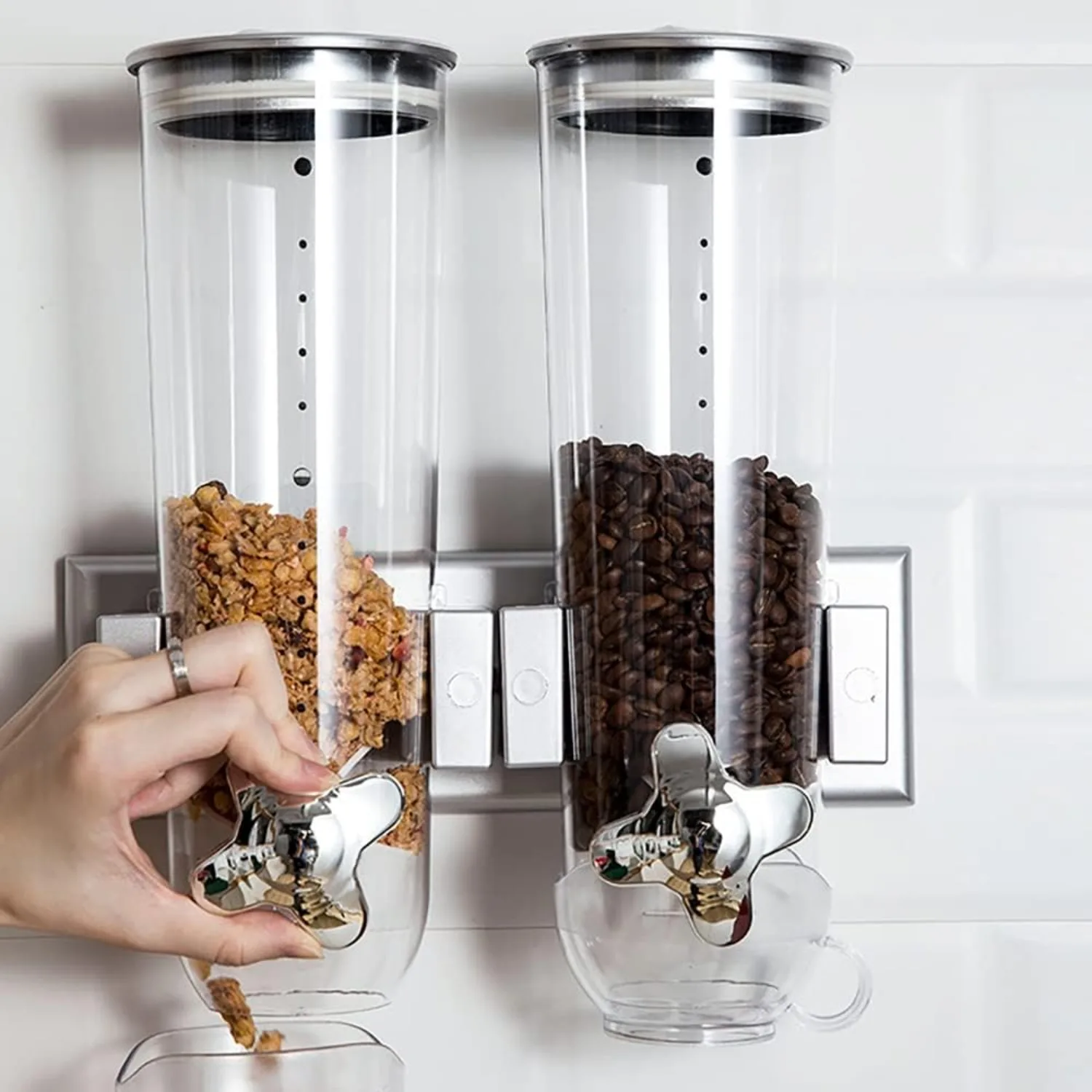 

Food Dispensers, Wall Mount Double Dry Cereal Dispenser,Storage Dual Control for Cereal Nuts,Coffee Beans Oatmeal Rice Pasta