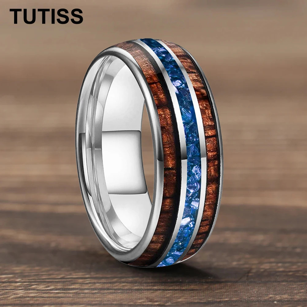

TUTISS 8mm Tungsten Carbide Ring Inlaid Hawaiian Koa Wood Tungsten Rings Blue Crystal Stone Wedding Band Comfortable Fit