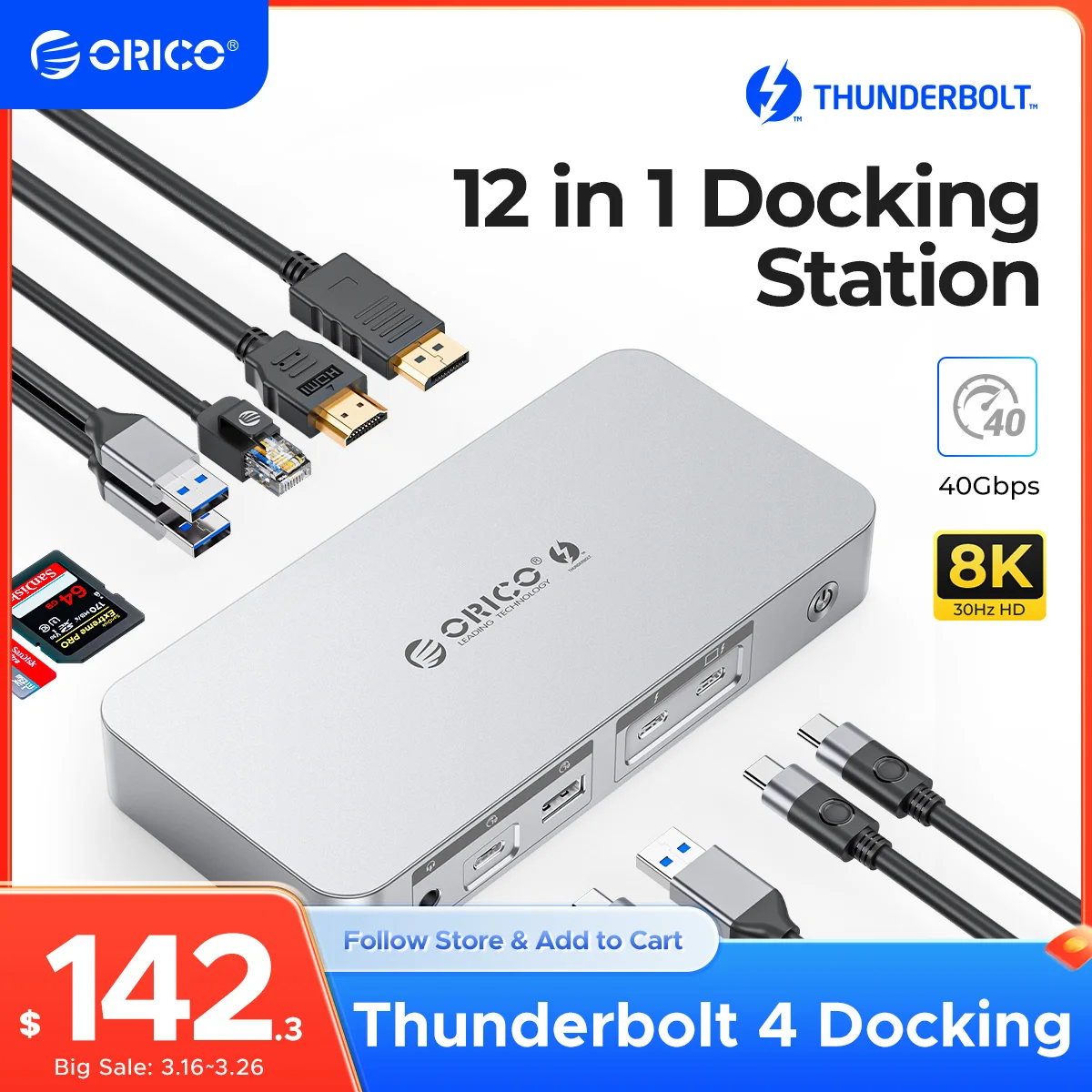 ORICO Thunderbolt 4 Docking Station Type C to HDMI-compatible Adapter 8K@30Hz USB 3.2 Gen2 HUB Splitter for MacBook Mac Windows