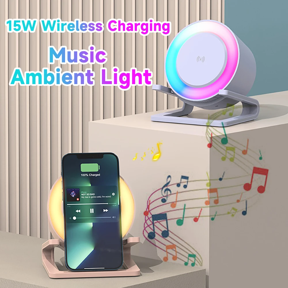 Gifts Wireless Speaker Ambient Night Light 15W Wireless Charger Station For iPhone 13 14 Samsung S23 XIAOMI Fast Charging Stand