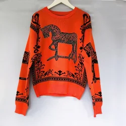 Autumn Winter Rhinestone Horse Pictures Y2K French Style Women's Sandros Knitted Sweater Pullover High-end Designer Womenswear