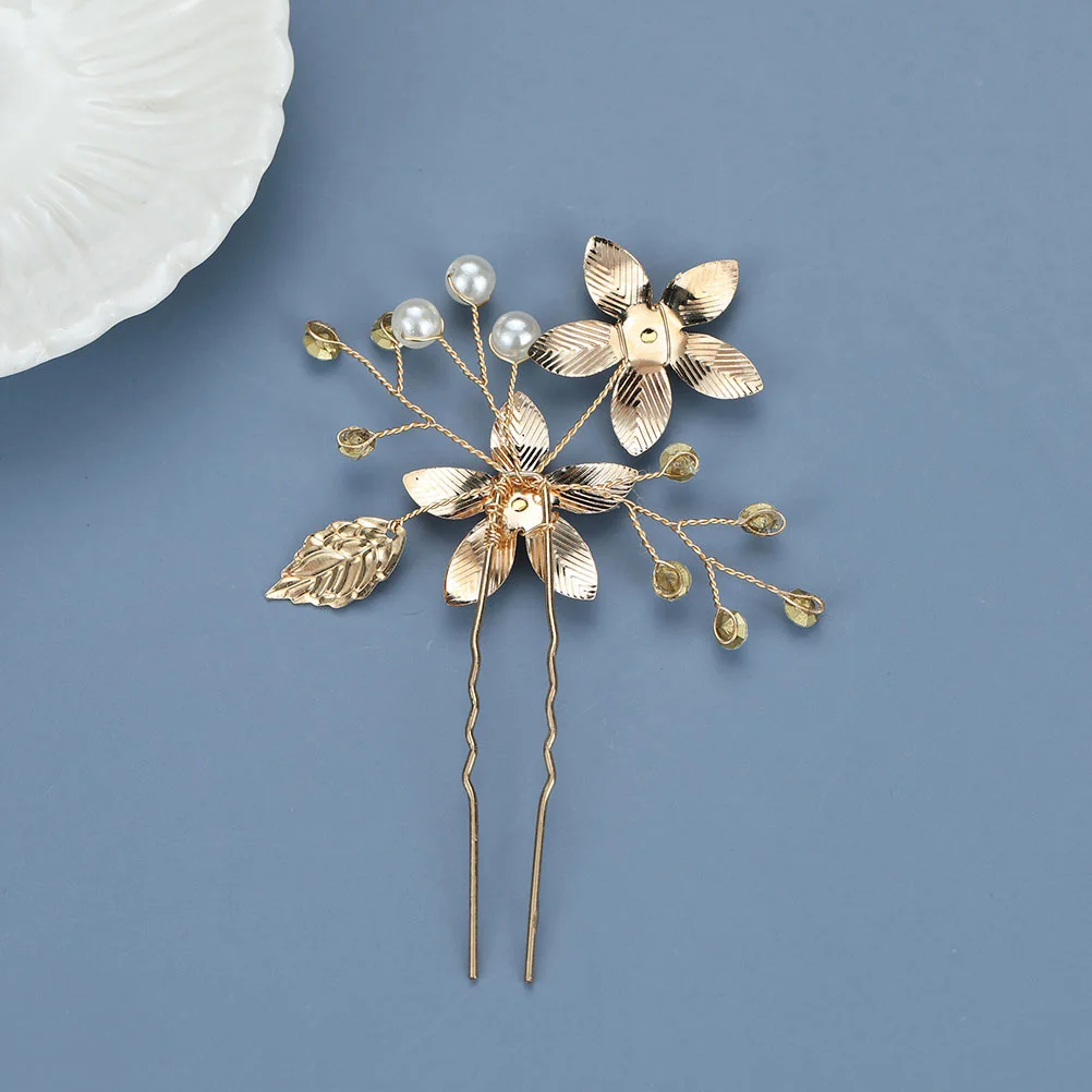 

2Pcs Zinc Alloy Flower Hairpins Elegant Wedding Accessories Bridal Headdress Pearl Design Hairpin for Women Golden Color
