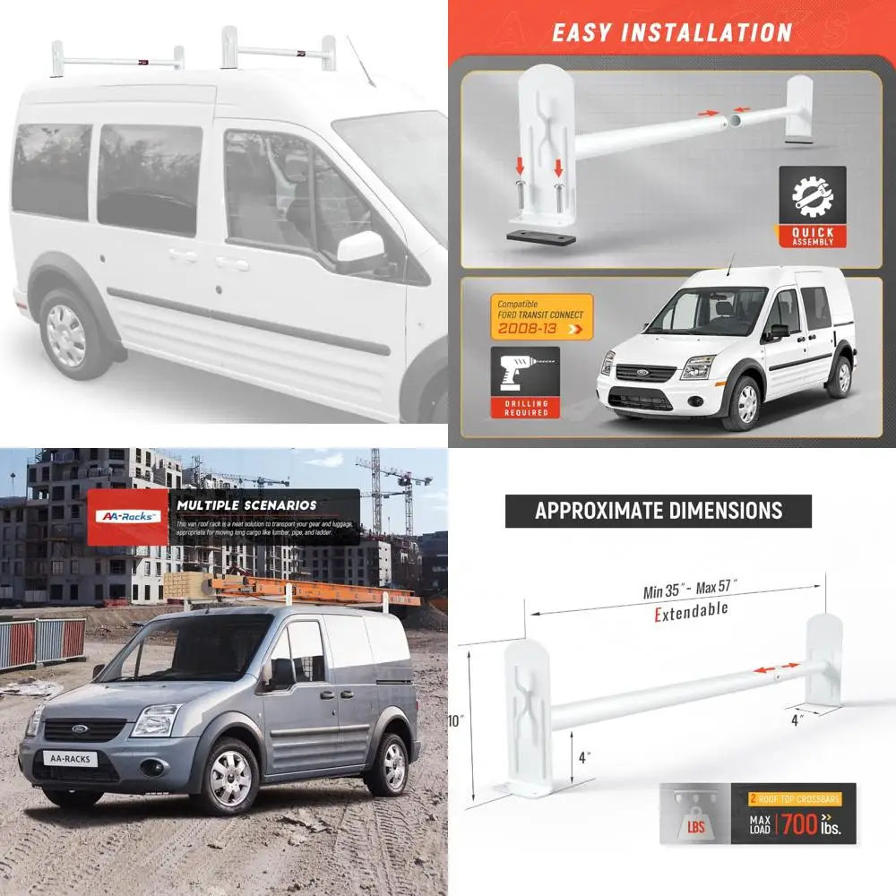 Utility Van Roof Ladder Rack System for Ford Transit Connect 2008-2013, Steel 2 Bar Design, Matte White Finish, Drilling Require