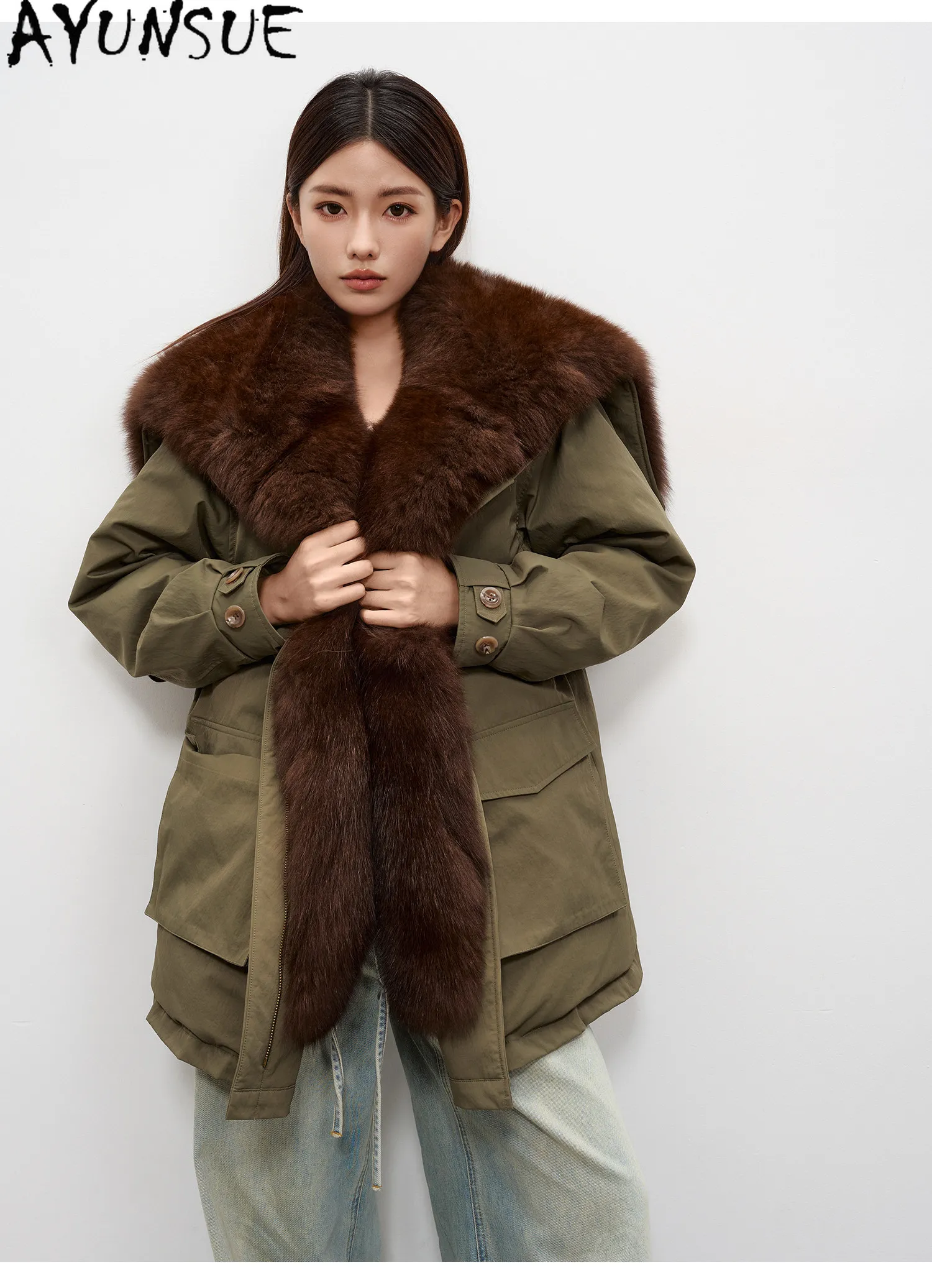 AYUNSUE 90% White Goose Down Coat Womens Winter Clothes Oversized Fox Fur Collar Mid Length Parka Female Loose Fit Clothing 2026
