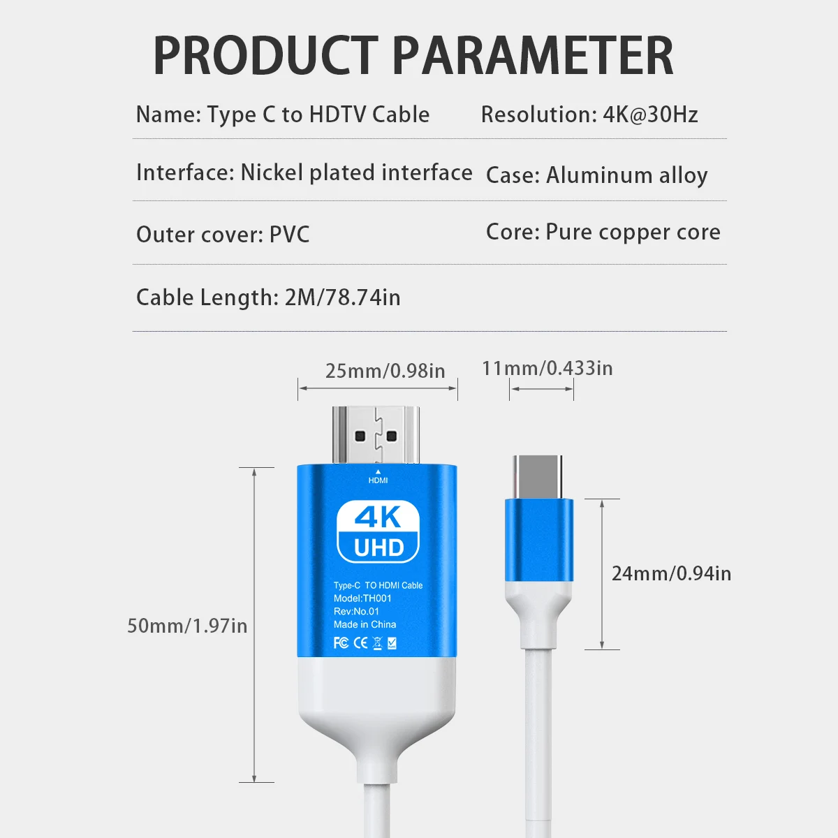 4K USB C to HDMI Cable Type-C to HDMI Adapter Thunderbolt 3 & 4 for iPhone 15 Series, MacBook, iMac, iPad Pro, Galaxy, Surface