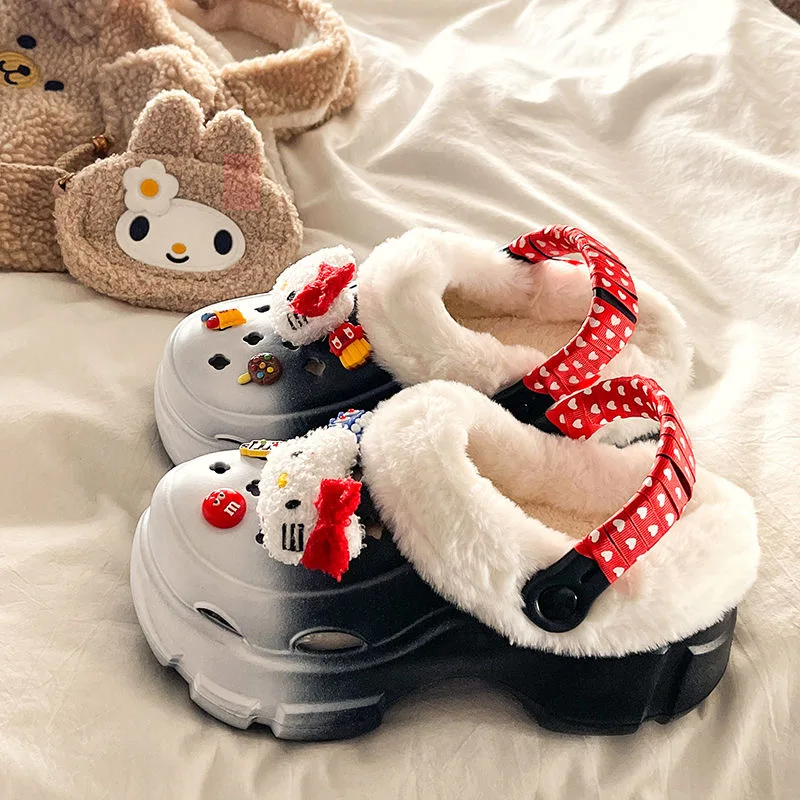 

Baotou cotton slippers for women wearing cute Hello Kitty new winter velvet hole shoes thick soled height increasing slippers