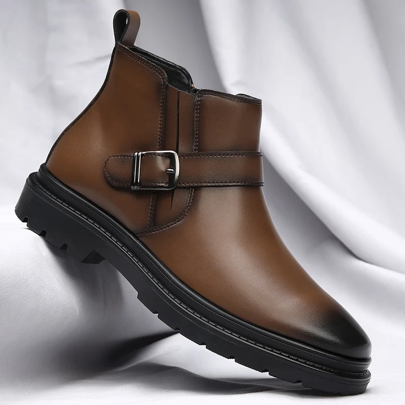 Wiosenne Chelsea męskie szpiczaste skórzane buty ze średnim cholewką wysokiej jakości biznesowe buty w stylu casual oryginalne skórzane krótkie buty z bocznym zamkiem