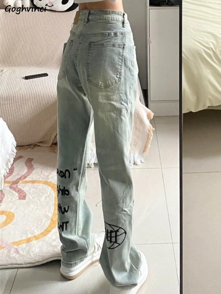 

Jeans Women Vintage Washed Chic Letter Design Trendy Korean Fashion Distressed Casual Daily High Waist Slim Fit Streetwear Mujer