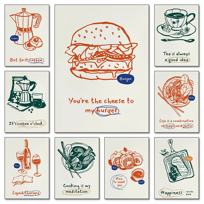 Rice Burger Coffee Wine Tacos Food Fun Quotes Abstract Poster Print Canvas Painting Wall Art Picture for Kitchen Dining Decor
