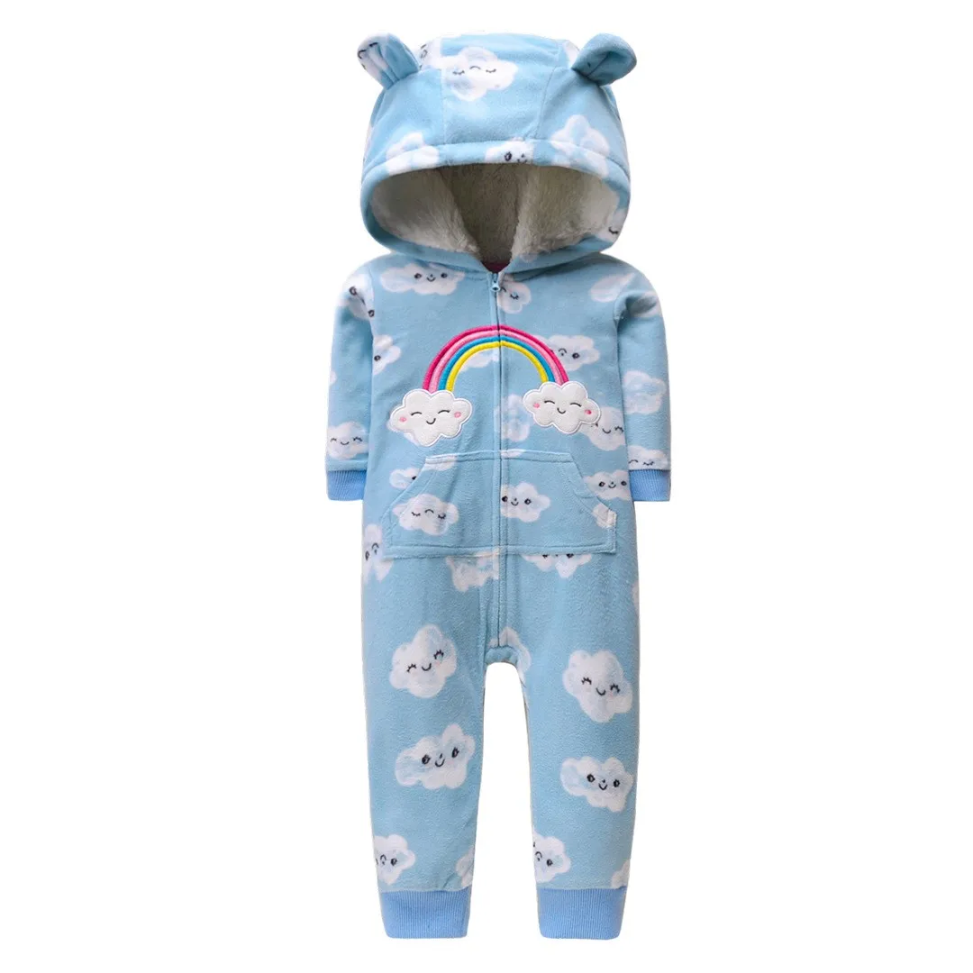 Warm Baby Rompers 2023 Autumn Winter Cartoon Hooded Fleece Baby Girls Costume Newborn Babies jumpsuits