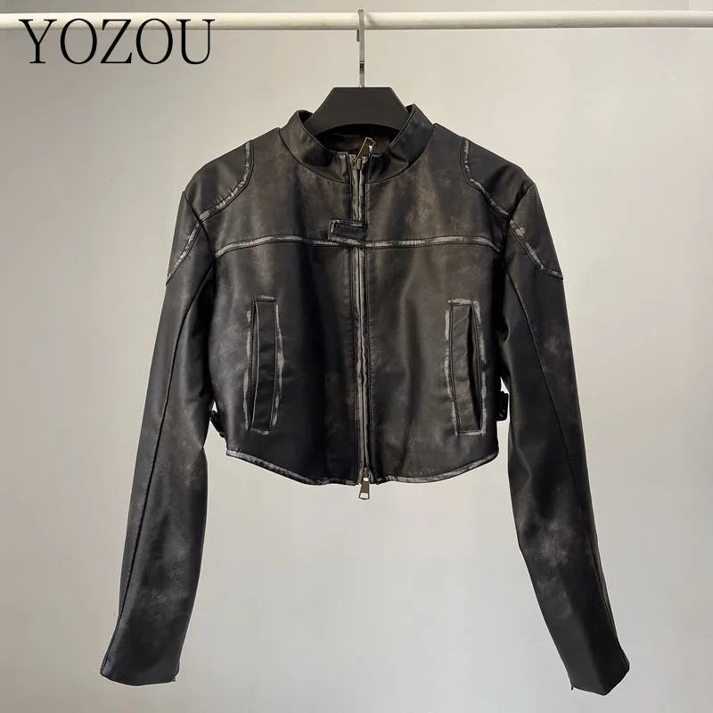 

[YOZOU] Vintage Luxury Black Brown PU Faux Leather Cropped Biker Moto Jacket Women Zipper Coat Outwear Stylish Top Kpop Outdoor