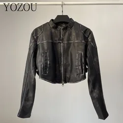 [YOZOU] Vintage Luxury Black Brown PU Faux Leather Cropped Biker Moto Jacket Women Zipper Coat Outwear Stylish Top Kpop Outdoor