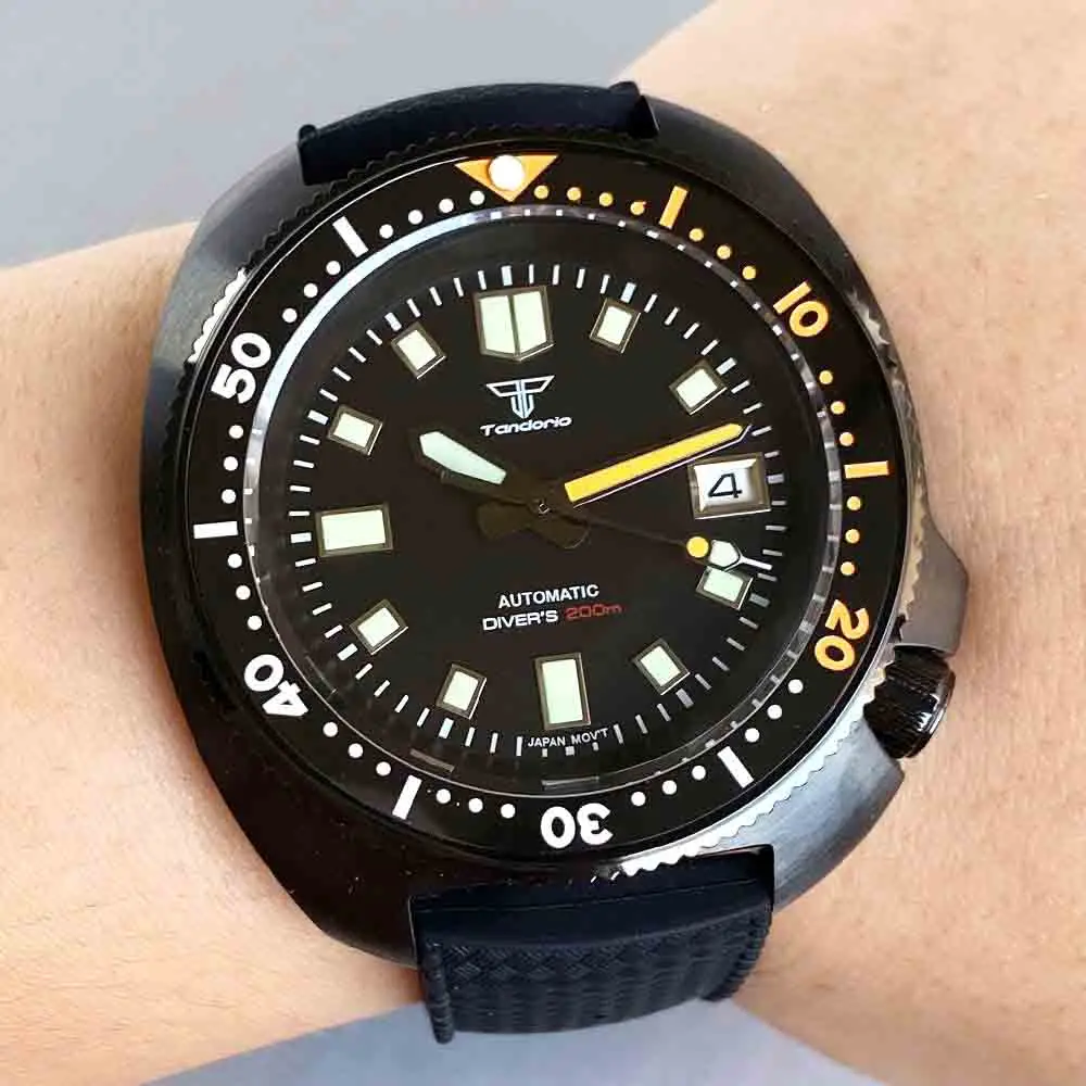 

Лидер продаж, ретро, черный PVD Tandorio, 44 мм, стиль черепахи, мужские часы для дайвинга, сапфировое стекло, зеленый светящийся NH35A, автоматический механизм