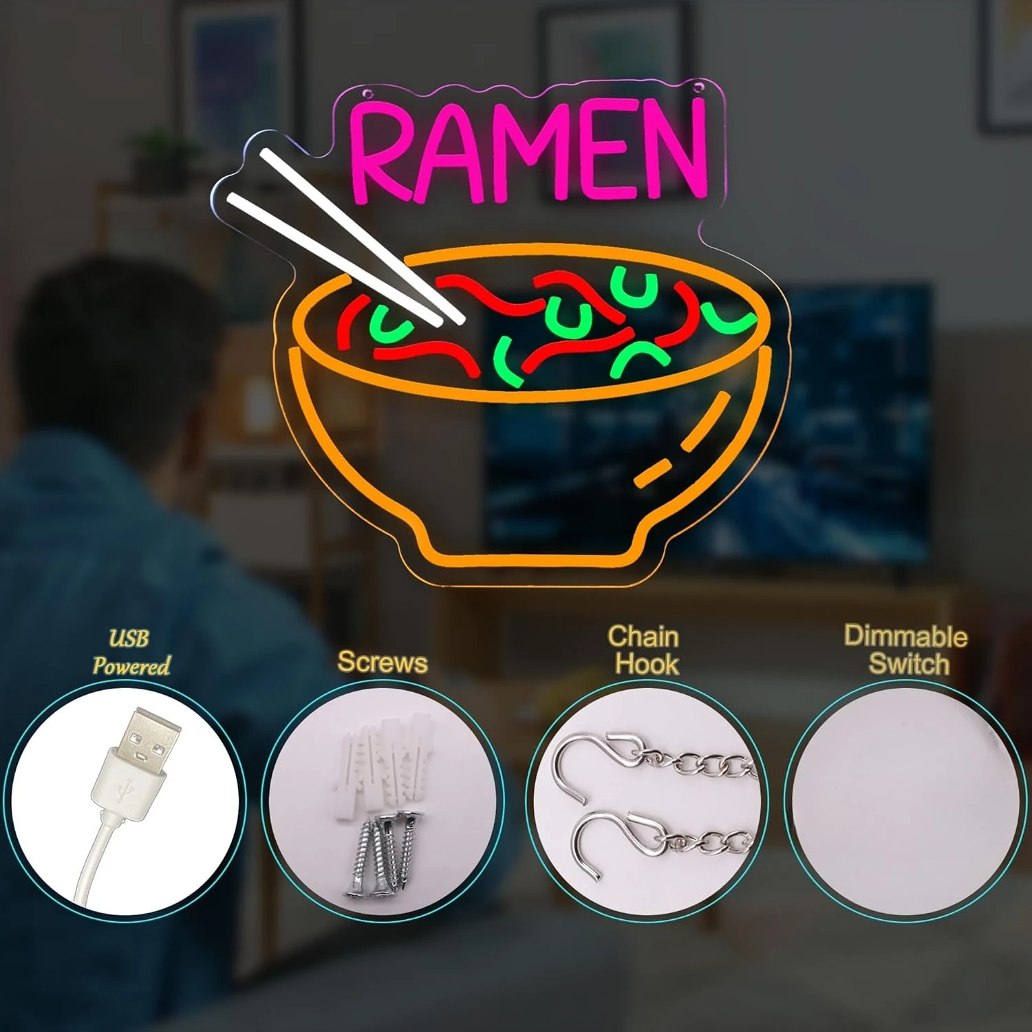 Ramen Neon Sign USB Dimmable Noodle LED Neon Light for Restaurant Ramen Shop Kitchen Gaming Room Anime Room Decoration Gift