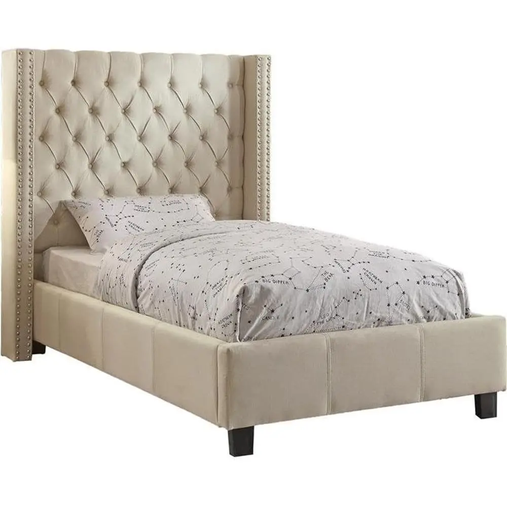 

urniture Ashton Linen Upholstered Button Tuted Wingback Bed with Chrome NailTrim and Custom Solid Wood Legs, Twin, Beige