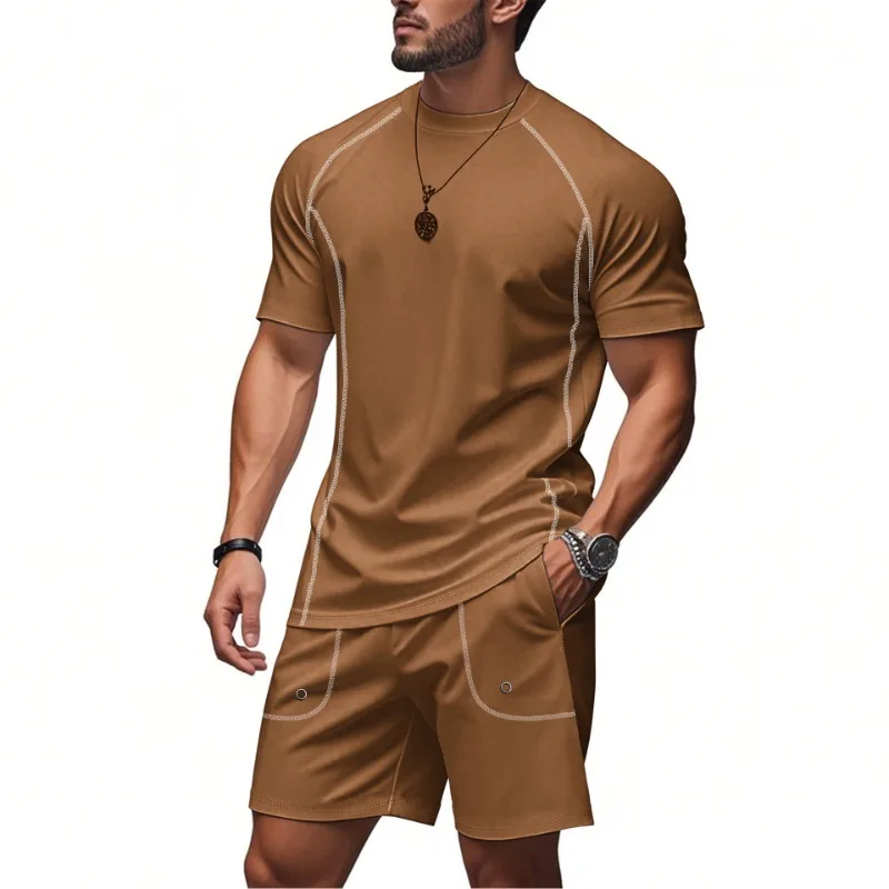 

Men 2Pcs Summer Sports Outfit Raglan Short Sleeve T-shirt With Casual Quick Dry Pocket Shorts Set