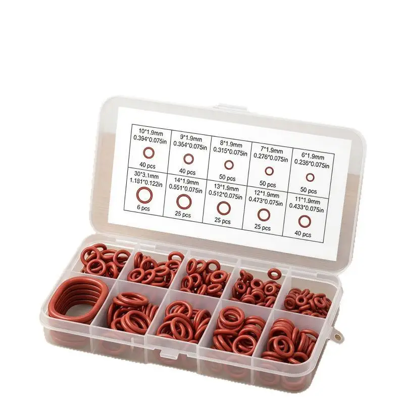 370Pcs High Performance Red Silicone O-Ring Set 10 Sizes Oil Heat Resistant for Car Engine Sealing Repair