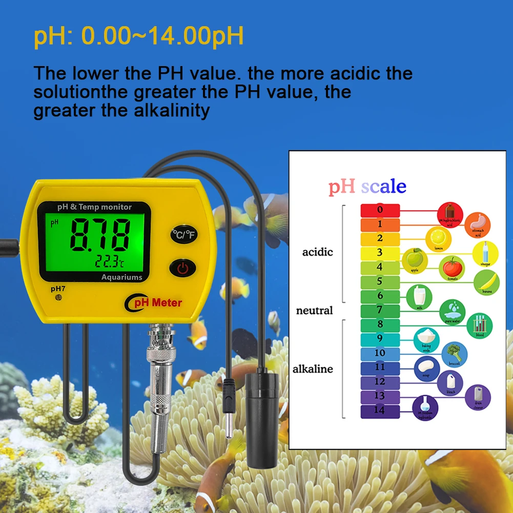 Yieryi PH Meter with Backlight Online PH-991 Aquarium PH Tester Temp Monitor Durable Acidimeter Tool for Tank Swim Pool Water