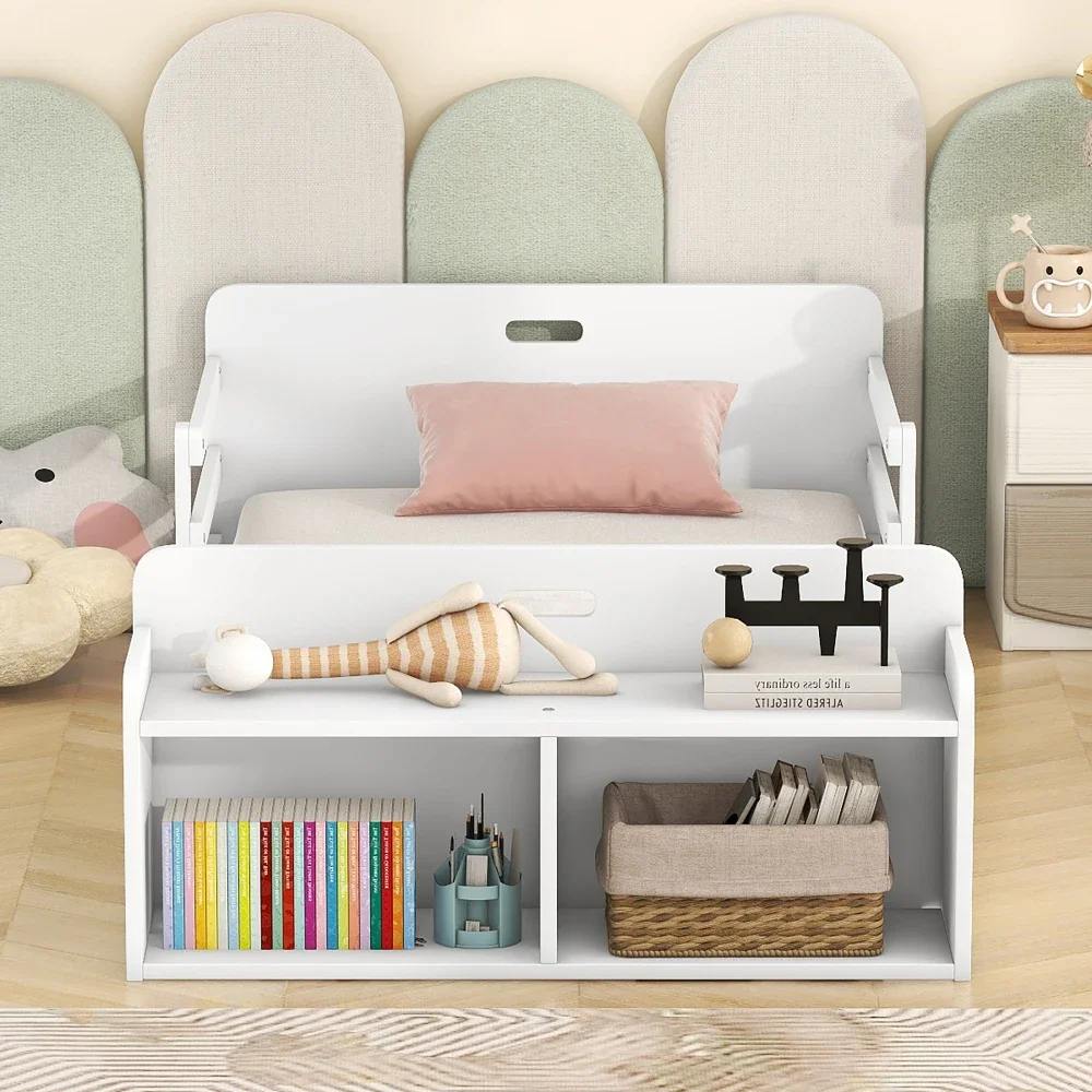 Twin Size Floor Bed with Storage and Guardrail, Wooden Bed White/Gray Children Bed for Girls From 6 To 12 Years Princesses US