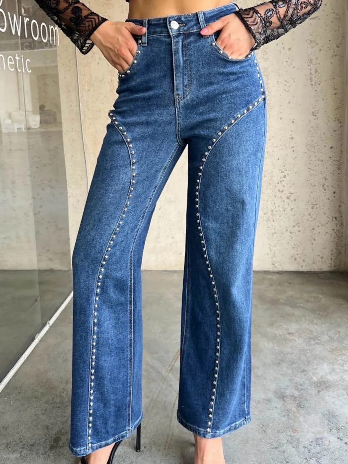 

Winter Women's Clothing Beaded Streetwear High Waist Straight Leg Jeans For Woman Cotton Denim Casual Long Tapered Pants