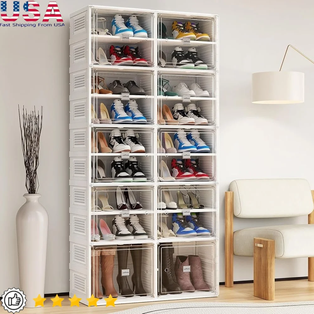 

9 Tiers Heavy Duty Shoe Storage Organizer Stackable Clear Shoe Box Cabinet Durable Plastic Magnetic Doors Dustproof Entryway