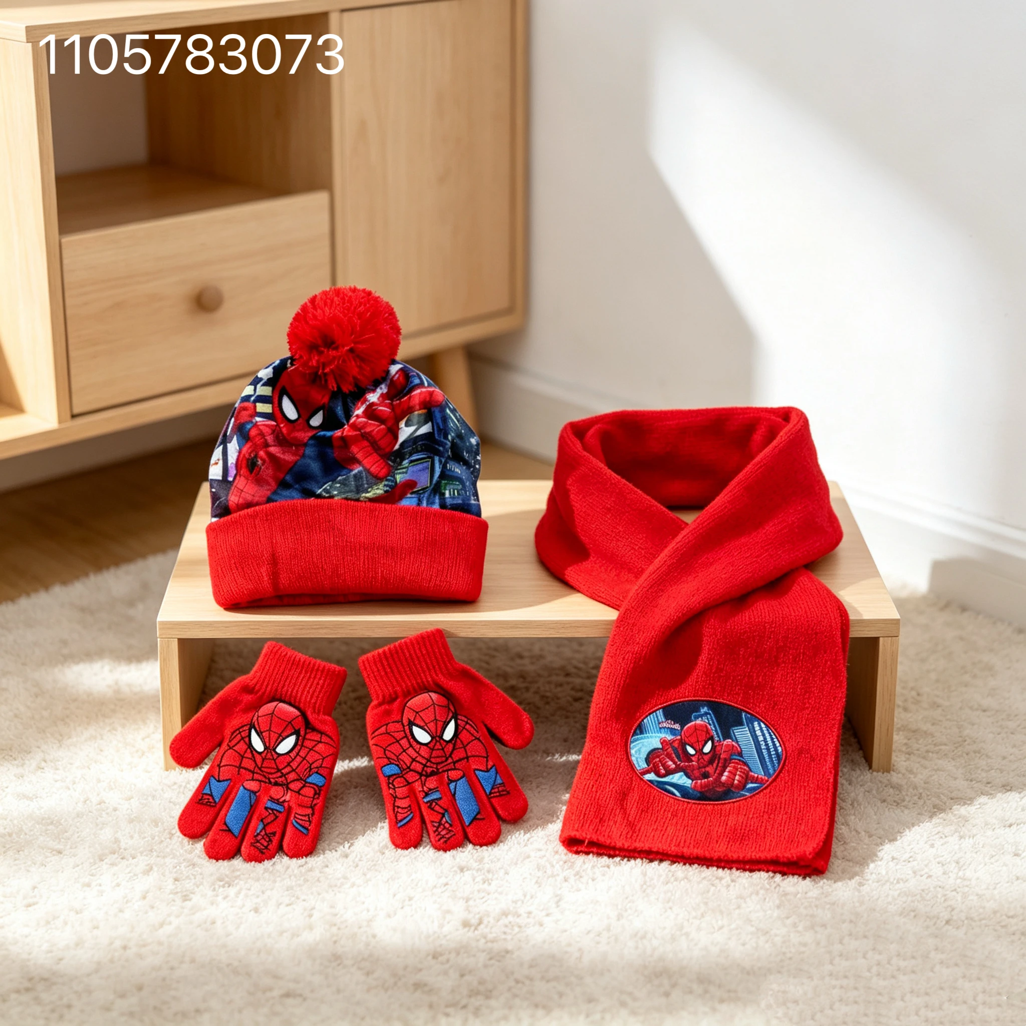 3Pcs Kids Winter Hat Scarf Gloves Set Cartoon Hero Print Knitted Beanie Pom‑pom Hat Warm Neck Scarf Full Finger Gloves For Boys