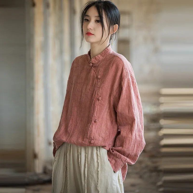 Chinese Style Long Sleeve Cotton Linen Shirt Women New 2024 Autumn Vintage Half High Collar Female Casual Tops Shirts M067