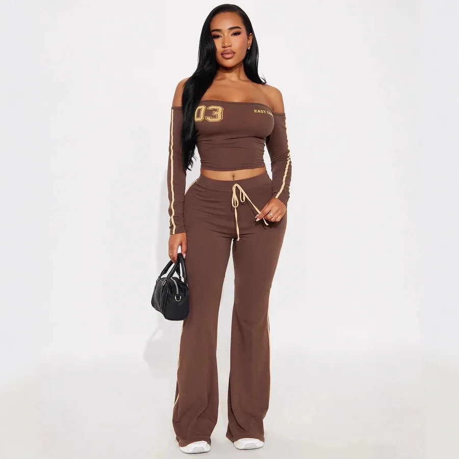 

Fall Two Piece Sets For Women Off Shoulder Tops Long Pants Matching Lounge Set Airport Travel Outfits Slim-Fit Two-Piece Outfit