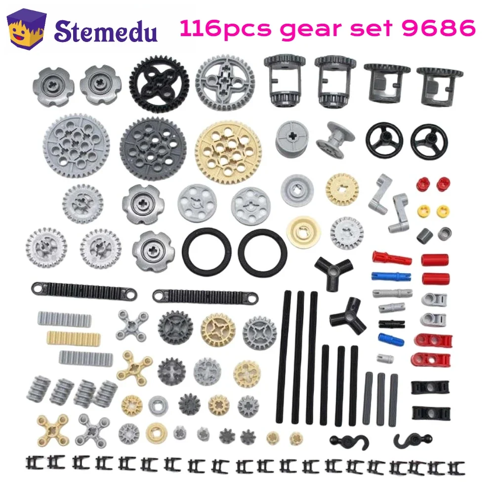 116PCS Getriebewelle Set MOC Technologie Blöcke Teile 9686 Multi-stil Zahnräder Welle Kreuz Achse Mischen Groß Ziegel Spielzeug Zubehör