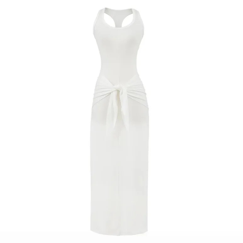 女性ノースリーブウエストレースアップツイストベストミディドレス