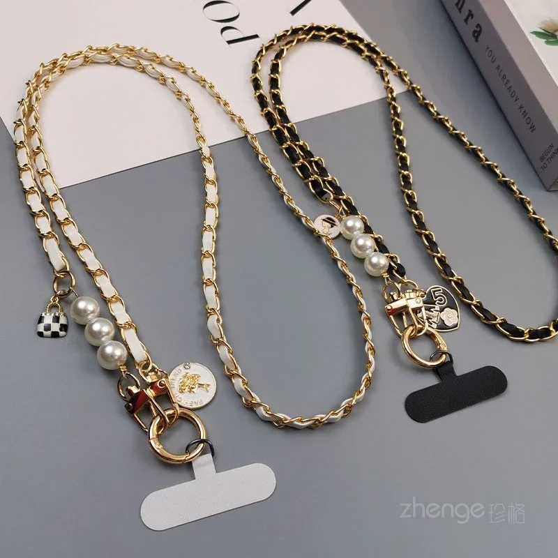 Cross-body Small Fragrant Pendant Pearl Pickup Chain Neck Clip Phone Case Universal  Phone Charm Strap Phone Jewelry Lanyard