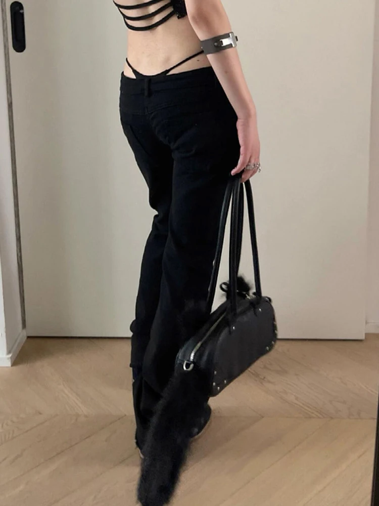 Korean Street Style Women Solid Black Low Waist Bootcut Pants Slim Fit Back Strap Detail Flare Trousers