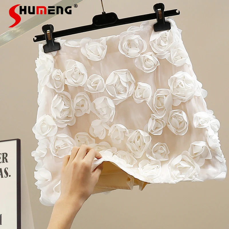 Fashionable 2024 Summer Three-Dimensional Flower Skirts Female Temperament High Waist A- Line Skirt Slimming Women's Skirts