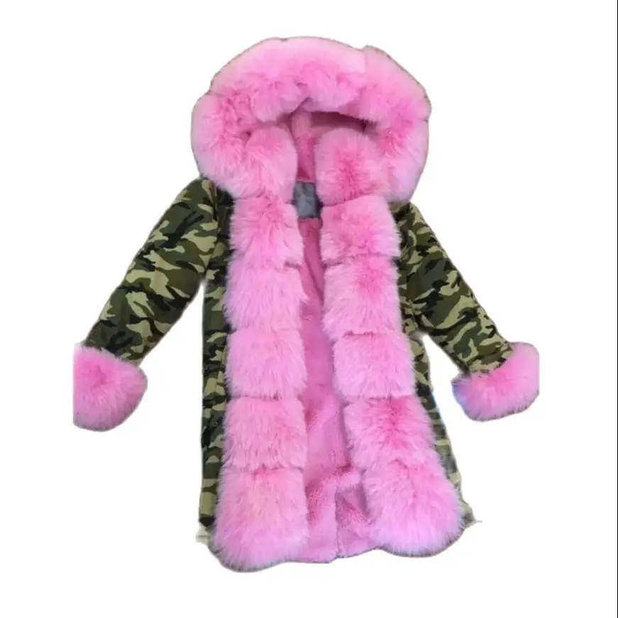 

Newest Camouflage Pink Fashion Long Fox Fur Trim Coat Biggest Cuffs For Ladies Faux Fur Lined Parka