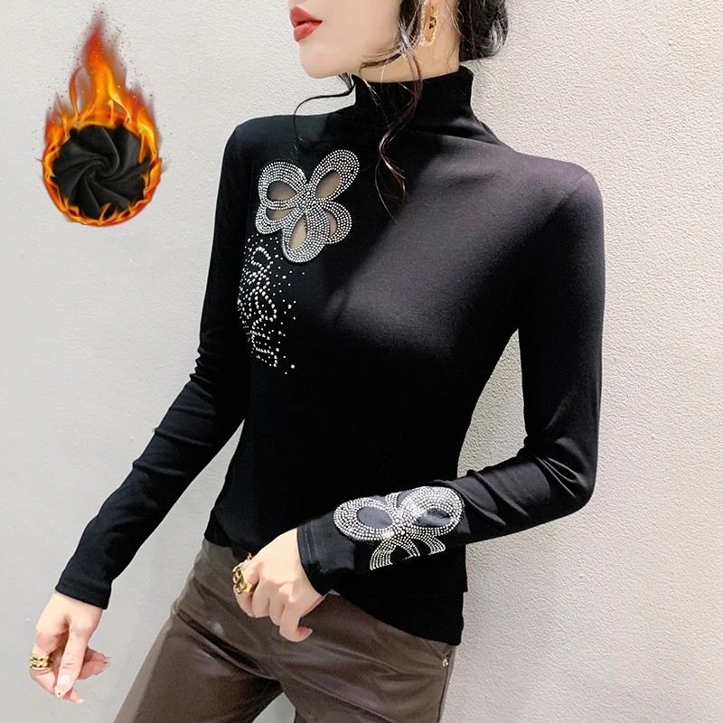 2024 New Fall Winter Clothes T-Shirt Sexy Hollow Out Thickened Silver Fox Velvet Diamonds Women's Tops Long Sleeve Tees 312001