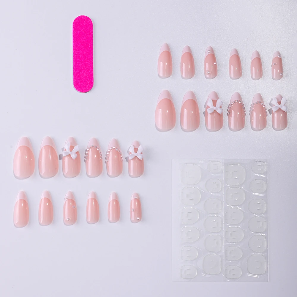 24pcs press on nails short almond bowknot white press on nails white pearl sweet french tip press on nails cute nails cheap nail