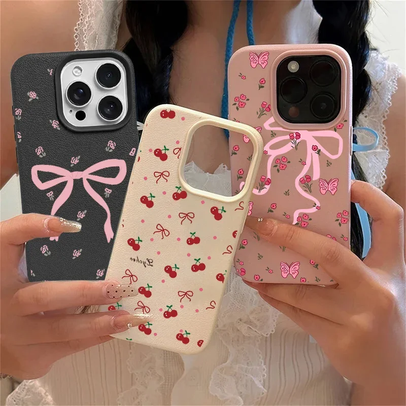 Чехол для OPPO Reno 13 14 12 11 10 Pro 13F 12F 11F 5G 7 4G 5 6 Lite 8T 7Z 8Z 8 Artistic Bow Cherry Leather Feeling Cover