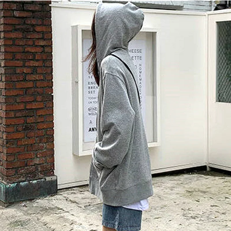 Zip Up Hoodie Women Spring New Casual Hooded Pure Black Retro Lady Jacket Harajuku All-match Chic Oversize Woman Streetwear Tops