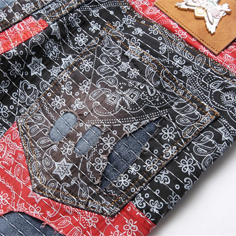 New 2024 Spring Patchwork Jeans Mid-Waist Fashion Printed Patch Men\'s Pencil Pants Streetwear