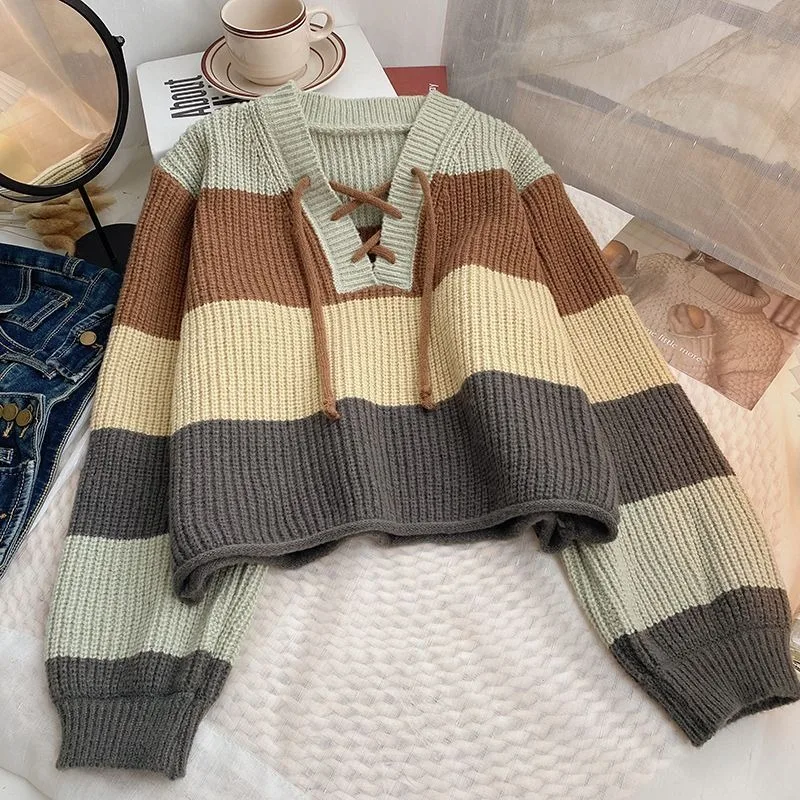 

Cross-banded Color-blocked Striped Long-sleeved Sweater for Women Loose Short Knitted Top