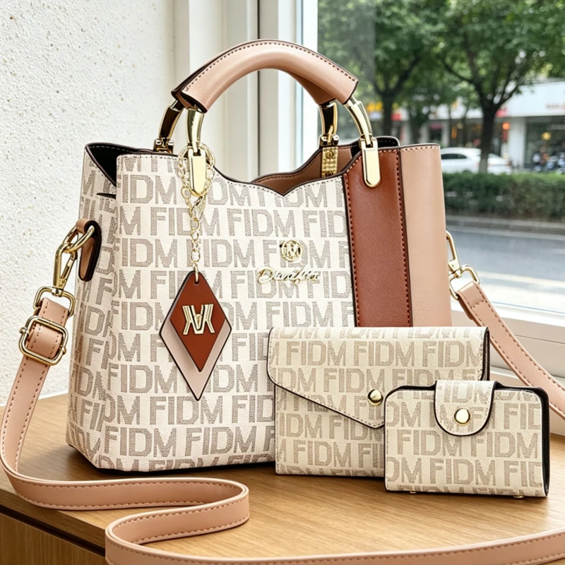 3-piece women's bag set, retro letter printed women's handbag, large-capacity shoulder and crossbody bag with multiple pockets view 6