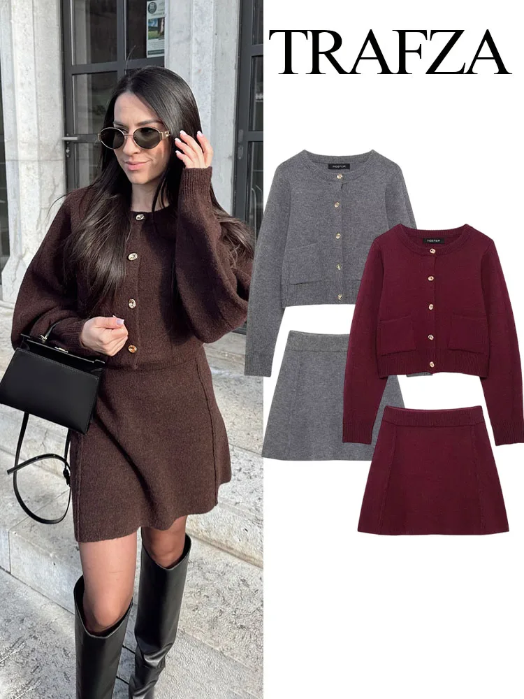 

TRAFZA Women Skirt Suit Chic O-Neck Knitted Long Sleeve Single Breasted Pocket Cardigan+Fashion Elastic Waist Slim Mini Skirt